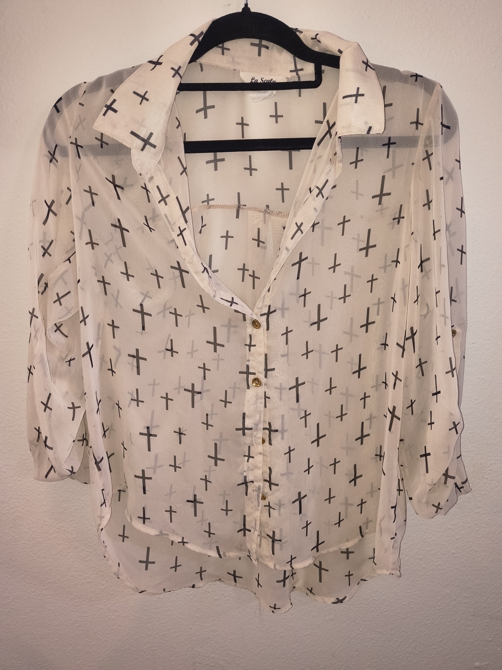 La Scala Sheer Cross Print Button Up Blouse White Black Size Large